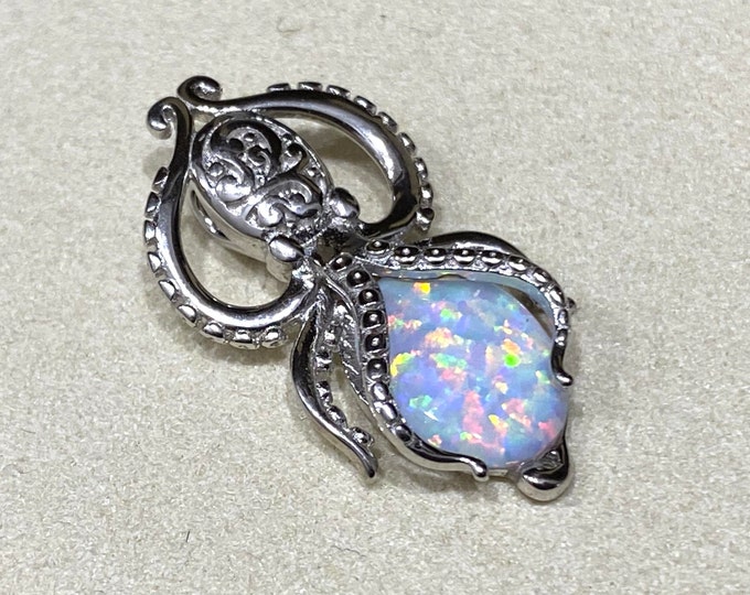 Vintage Sterling Silver White Opal Octopus Pendant.