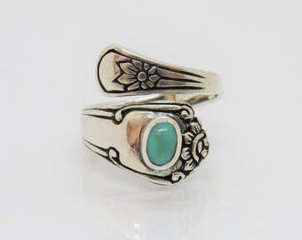 Vintage Style Silver Plated Turquoise Spoon Ring - Adjustable Sizes 6-10, Handmade In USA