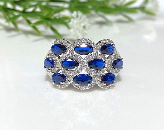 Vintage Sterling Silver Oval cut Blue Sapphire & White Topaz Ring Size 8