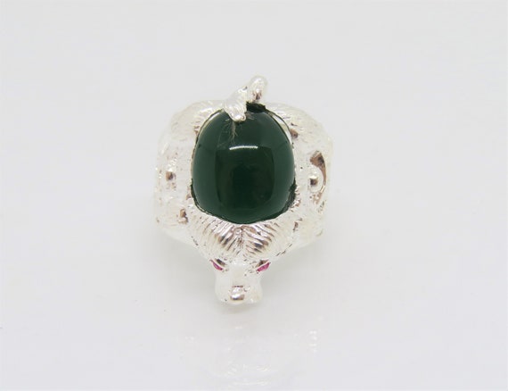 Vintage Sterling Silver Green Onyx Cabochon & Rub… - image 2