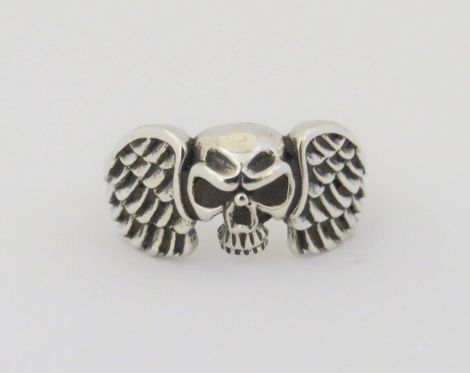 Vintage Sterling Silver Skull Wings Ring Size 7