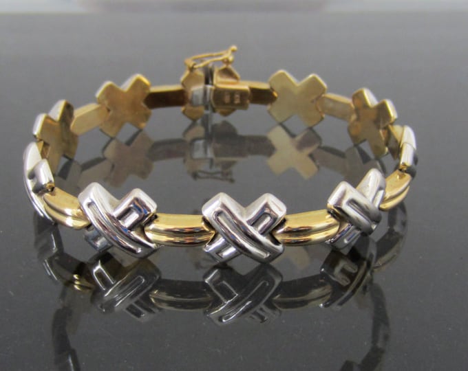 Vintage Italian 14K Solid Yellow & White Gold XOX Hug Bracelet 7 1/2'' Length