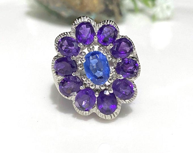 Vintage Sterling Silver Natural Kyanite & Amethyst Ring Size 7