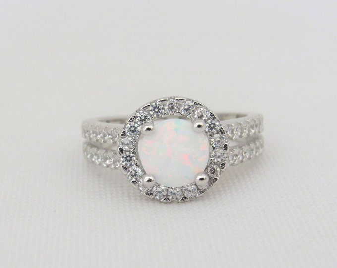 Vintage Sterling Silver White Opal & White Topaz Halo Engagement Ring Size 6