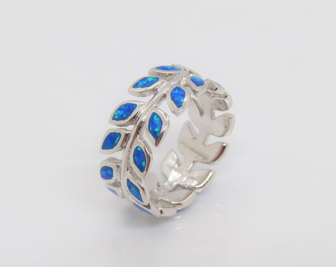 Vintage Sterling Silver Blue Opal Eternity Leafs Ring Size 7