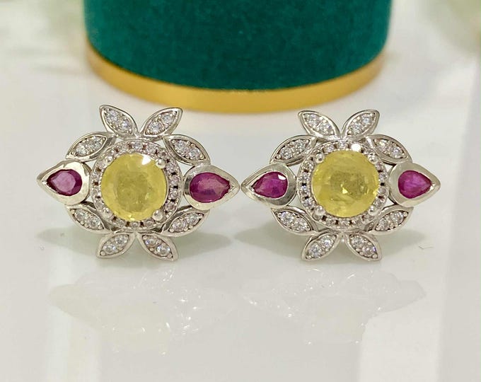 Vintage Sterling Silver Natural Yellow Sapphire, Ruby & White Topaz Earrings.
