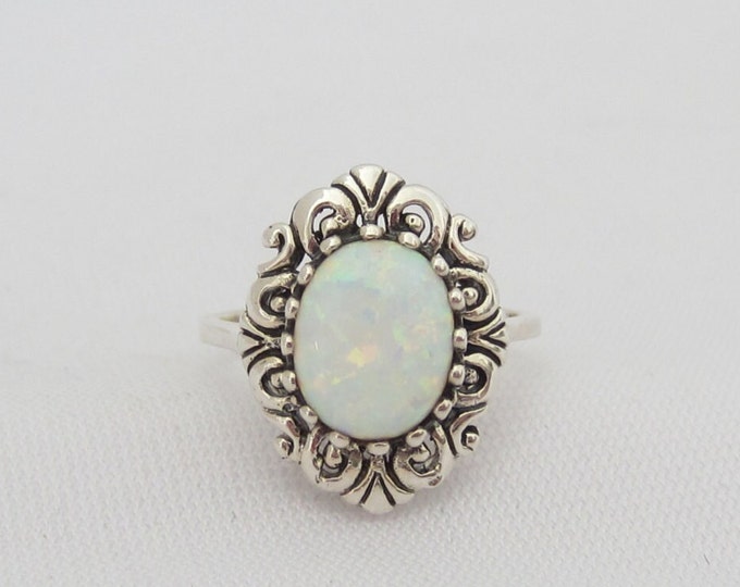 Vintage Sterling Silver White Opal Filigree Ring Size 8