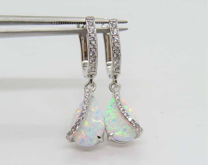 Sterling Silver Pear cut Fire Opal & White Topaz Earrings