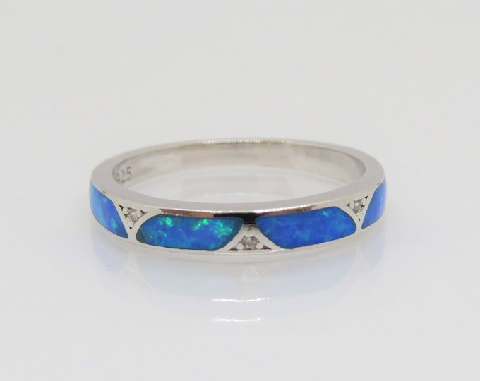 Vintage Sterling Silver Blue Opal & White Topaz Wedding Band Ring Size 9