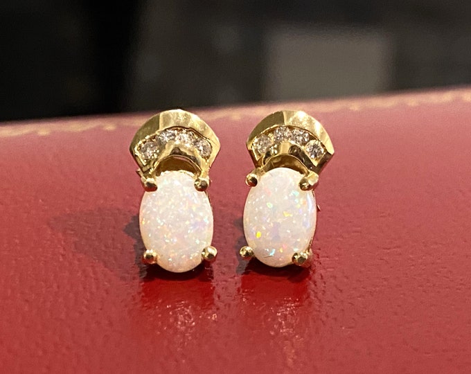 Vintage 14K Solid Yellow Gold Oval White Opal & Diamond Earrings.