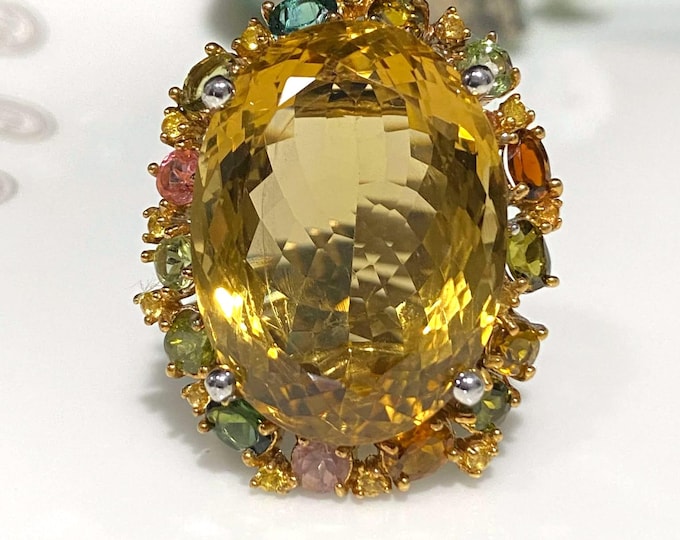 Vintage Sterling Silver Oval cut 36ct Natural Citrine & Tourmaline, Sapphire Ring Size 8