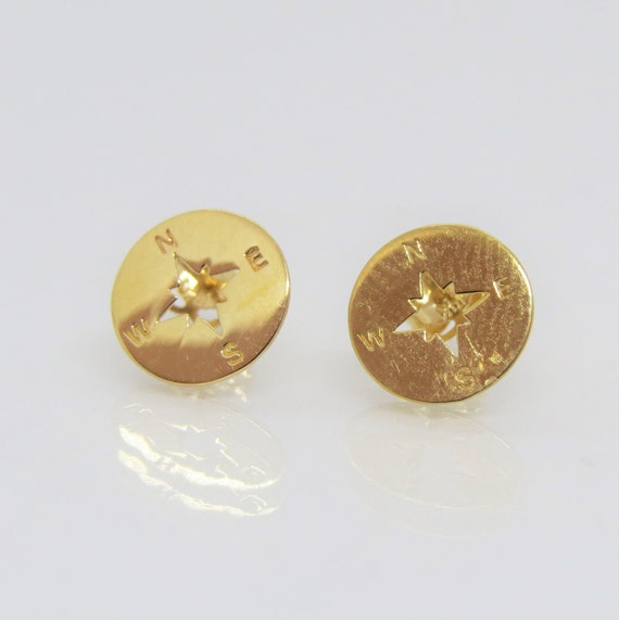 Vintage 14K Solid Yellow Gold Compass Stud Earrin… - image 2