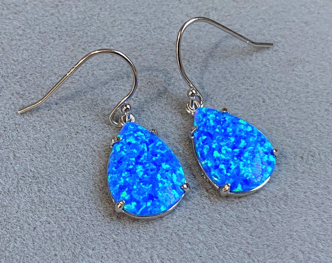 Vintage Sterling Silver Pear cut Blue Opal Dangle Earrings