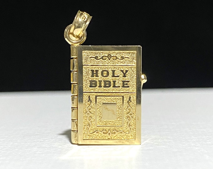 Vintage 14K Solid Yellow Gold Lord's Prayer Holy Bible Open Pages Locket Pendant
