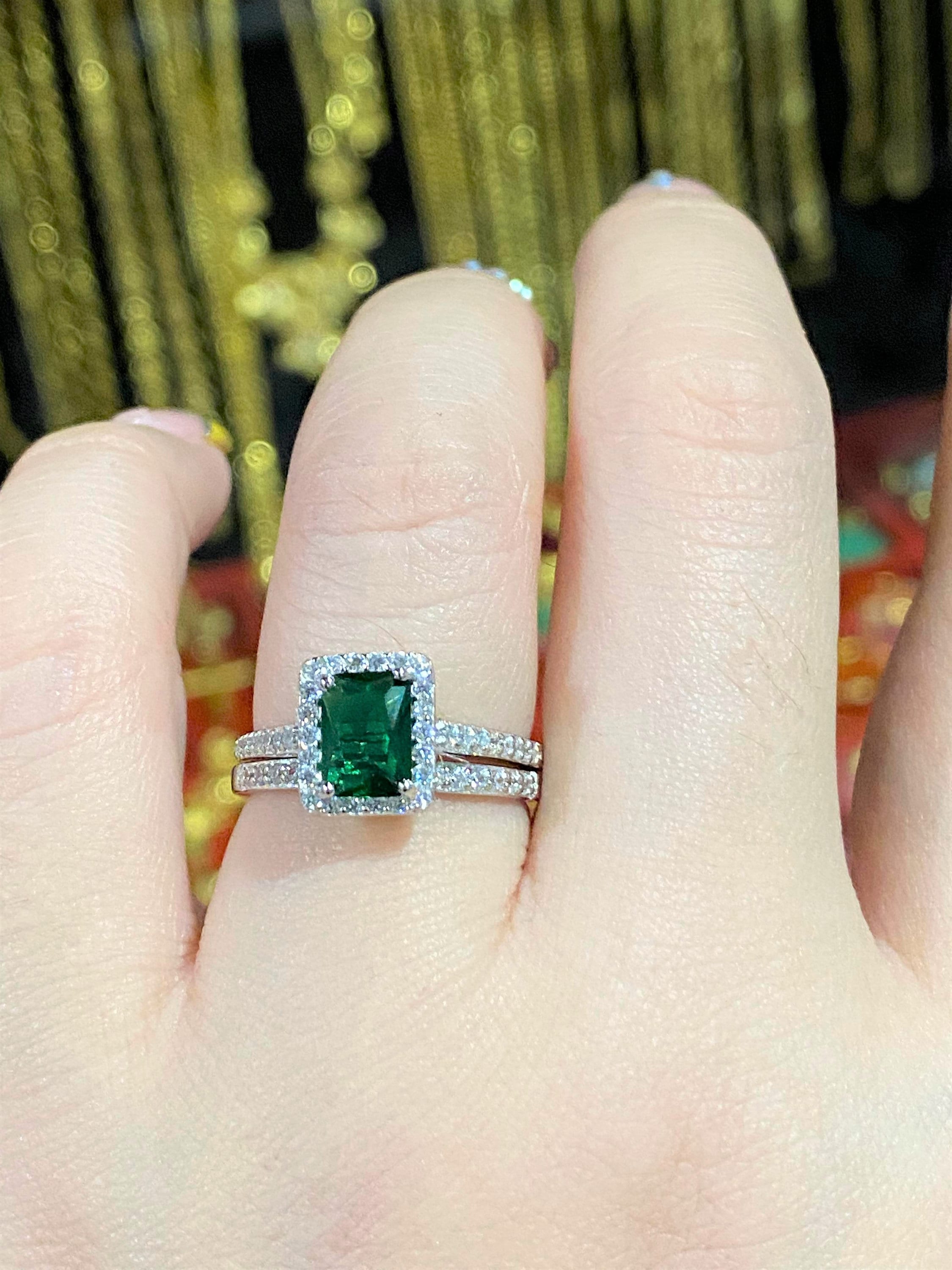 Sterling Silver Emerald White Topaz Engagement Ring Set Size 6