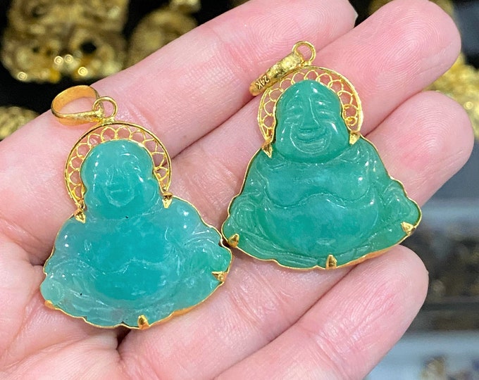 Vintage 24K 980 Solid Gold Green Jadeite Jade Laughing Buddha, Happy Buddha Pendant.