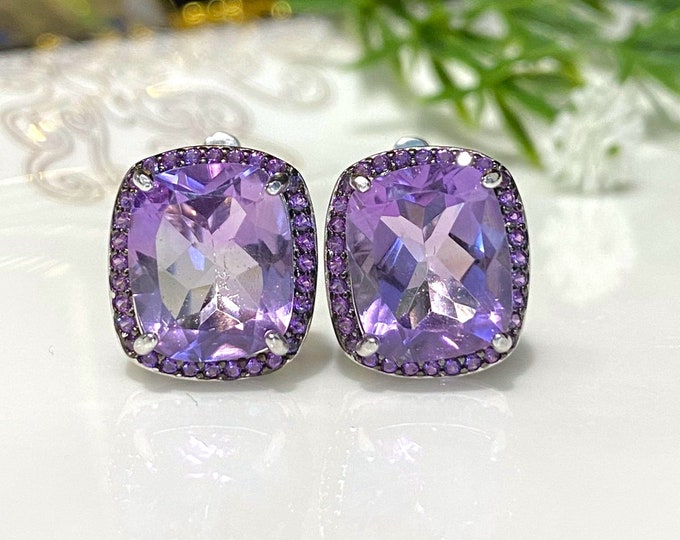 Vintage Sterling Silver Natural Amethyst Halo Earrings.