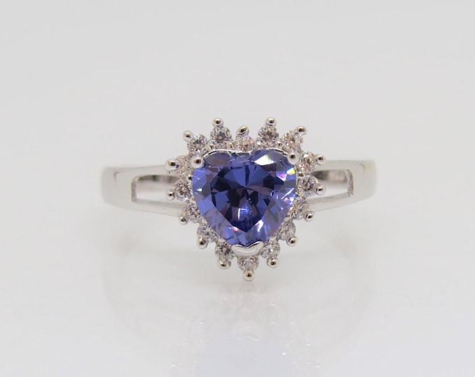 Vintage Sterling Silver Heart cut Tanzanite & White Topaz Engagement Ring Size 8