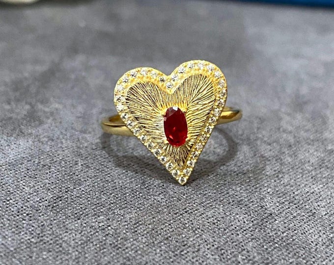 Vintage 14K Gold Over Sterling Silver Ruby & White Topaz Heart Ring Size 7.25