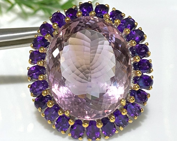 Vintage 14K Gold Plate Sterling Silver Oval cut 75ct Natural Pink, Purple Amethyst Pendant.