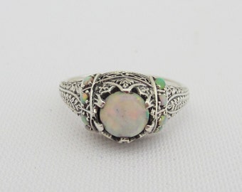 Vintage Sterling Silver Fire Opal Filigree Ring Size 9