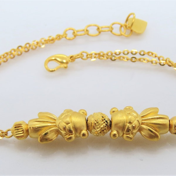 24K 999 Pure Gold 3D Goldfish Link Chain Vintage Bracelet 7''