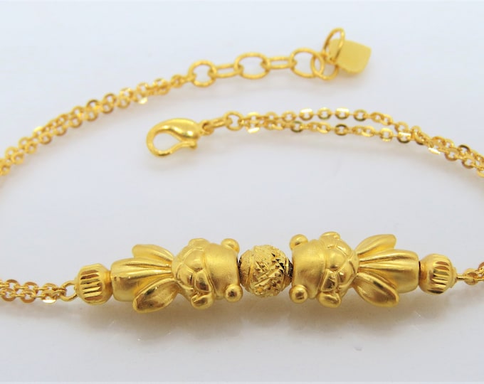 24K 999 Pure Gold 3D Goldfish Link Chain Vintage Bracelet 7''