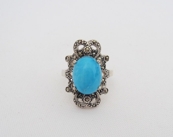 Vintage Sterling Silver Turquoise & Marcasite Ring Size 7.25