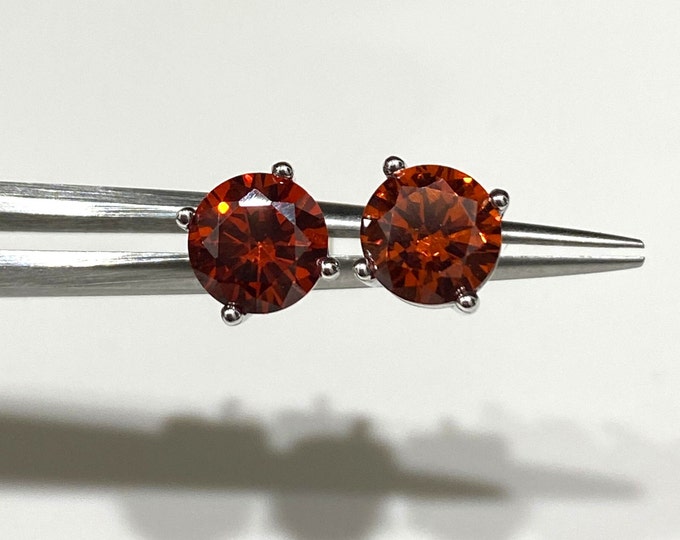 Sterling Silver Round cut Orange Garnet Stud Earrings 6MM.