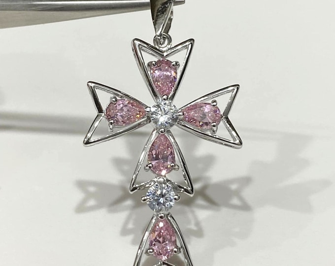 Vintage Sterling Silver Pink Sapphire & White Topaz Cross Pendant.