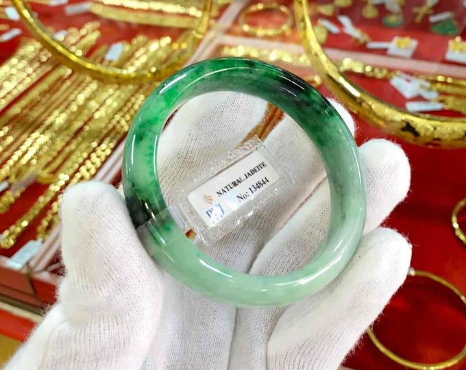 Vintage Translucent Natural Green, Black Jadeite Jade Bangle Bracelet 53.3MM