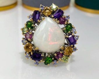 Vintage Sterling Silver Natural 18cts Fire Opal & Diopside, Citrine, Peridot, Amethyst Ring Size 8.