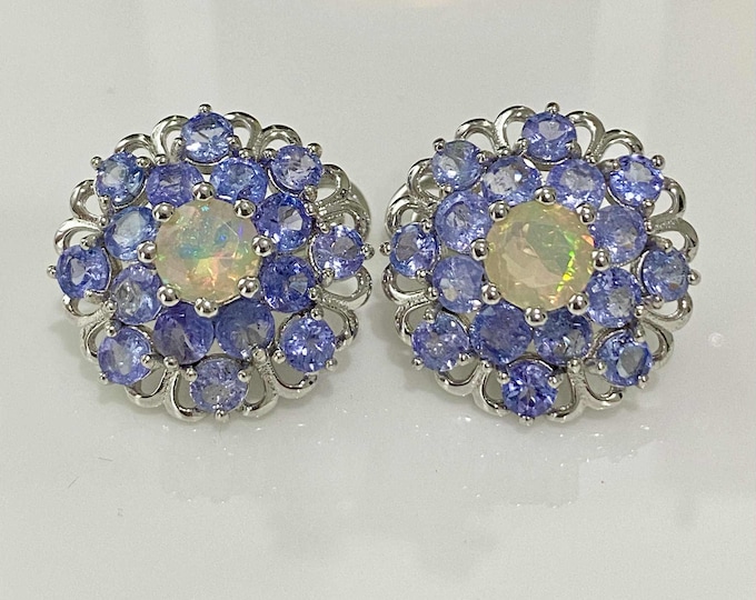 Vintage Sterling Silver Natural White Fire Opal & Tanzanite Earrings.