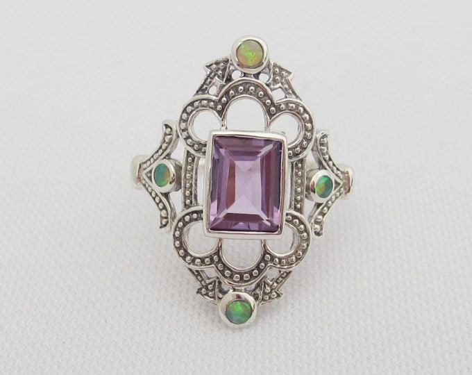 Vintage Sterling Silver Natural Amethyst & Green Opal Ring Size 7
