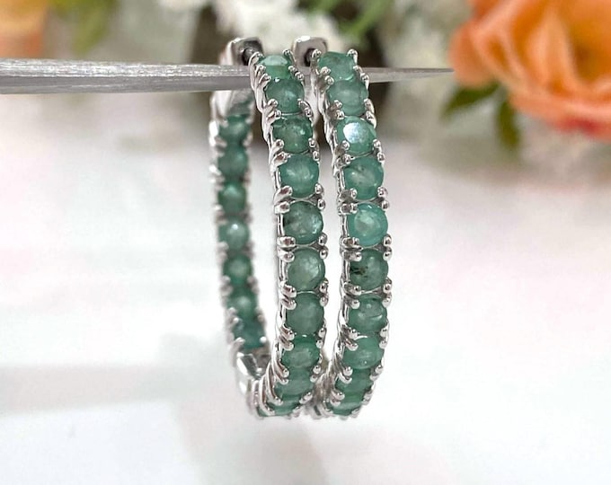 Vintage Sterling Silver Round cut Emerald Hoops Earrings 27MM