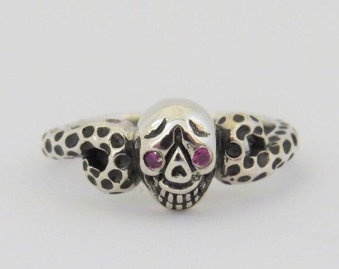 Vintage Sterling Silver Red Ruby Skull Ring Size 8
