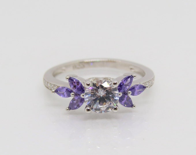 Vintage Sterling Silver White Topaz & Amethyst Cocktail Ring Size 7