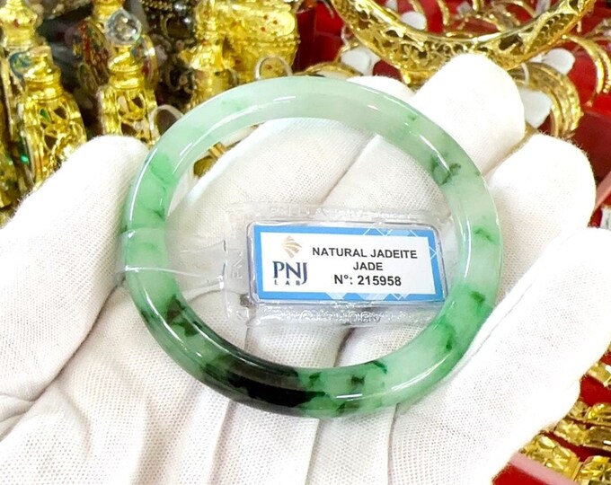 Vintage Translucent Natural Green, White & Black Jadeite Jade Bangle Bracelet 54.3MM