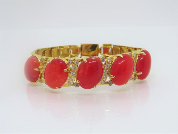 Vintage 18K Solid Yellow Gold Translucent Red Jad… - image 1