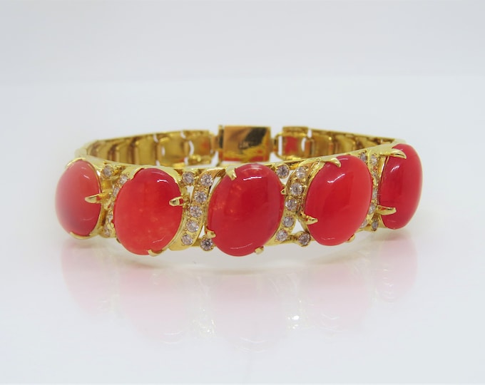 Vintage 18K Solid Yellow Gold Translucent Red Jadeite Jade White Topaz Bracelet 7 1/2'' Length