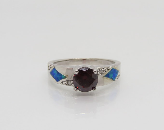 Vintage Sterling Silver Garnet, White Topaz & Blue Opal Solitaire Ring Size 9