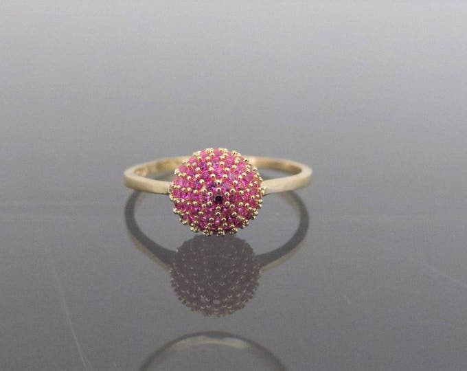Vintage 18K Solid Yellow Gold Ruby Ball Pave Ring Size 6