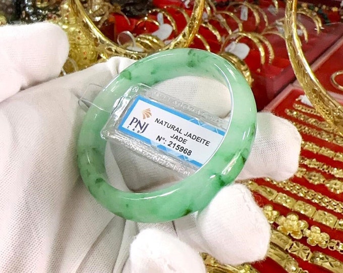 Vintage Translucent Natural Green & White Jadeite Jade Bangle Bracelet 49.3MM