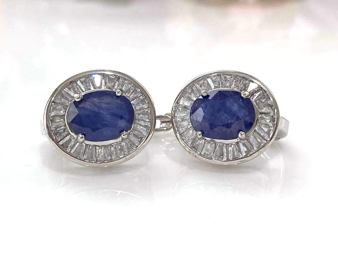 Vintage Sterling Silver 3.72cts Natural Oval cut Blue Sapphire & White Topaz Earrings.