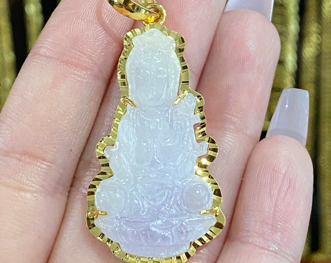 Vintage 18K Solid Gold Natural Purple Lavender, White Jadeite Jade Kwan Yin Buddha Pendant Phat Ba Quan Am