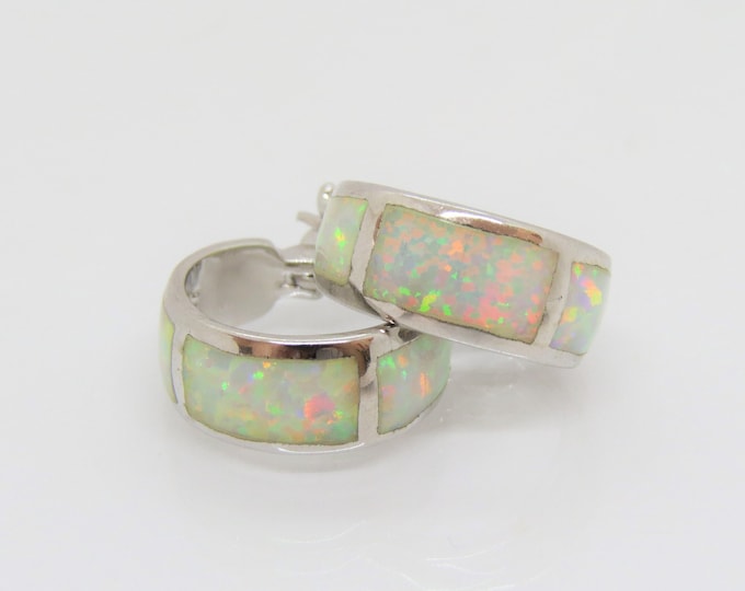 Vintage Sterling Silver White Opal Hoop Earrings