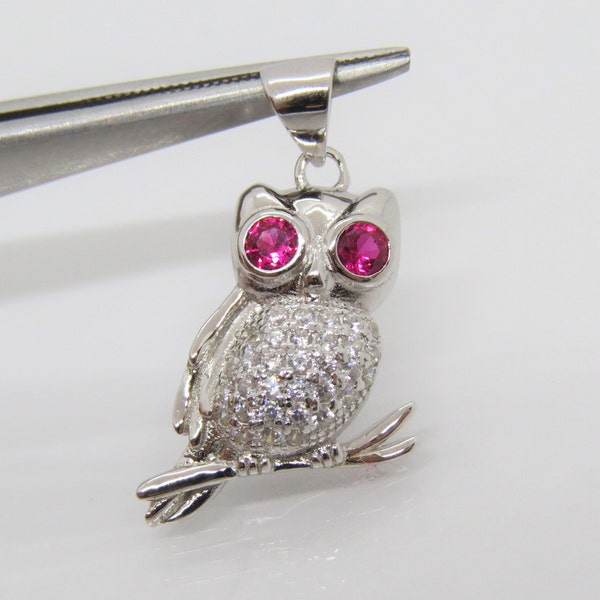 Vintage Sterling Silver Ruby & White Topaz Owl Pendant