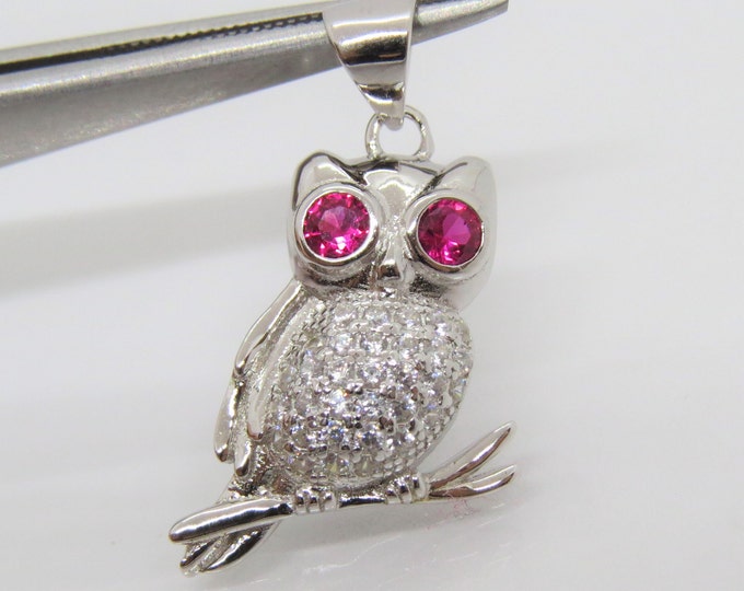 Vintage Sterling Silver Ruby & White Topaz Owl Pendant