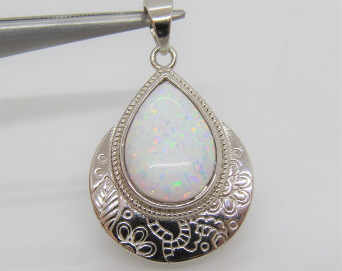 Vintage Sterling Silver Pear cut White Opal Carved Flowers Pendant