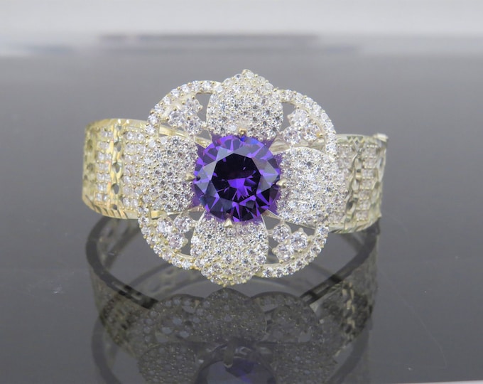 Vintage Sterling Silver Amethyst & White Topaz Flower Pave Bangle Bracelet 6 1/2''